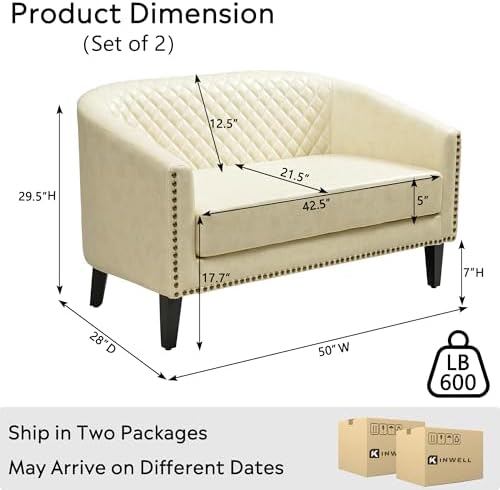 50" Faux Leather Small Barrel Love Seats Set of 2, Diamond Tufted Back Compact Loveseats Sofas with Nailhead Trim, Modern 2-Seater Couches with Solid Wood Legs for Small Spaces, Apartments, Cream