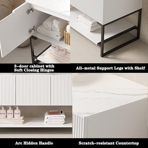 48" Bathroom Vanity with Vessel Sink & 3 Soft-Closing Doors & Open Shelf, Freestanding Bathroom Cabinet with Ceramic Basin and Carrara White Sintered Stone Counter Top-Colmar, White/S