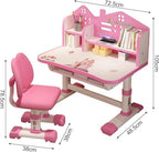 Kids Adjustable Height Desk and Chair Set with Drawer and Storage, Kids Table and Chairs School Study Desk for Kids Pink