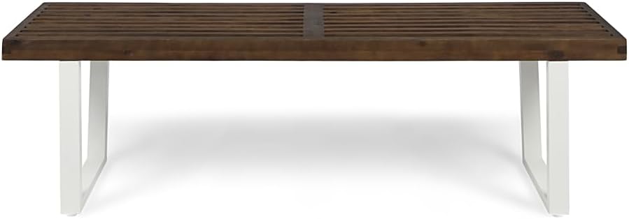 Modern Acacia Wood Dining Bench with Black Iron Legs, Contemporary Outdoor Patio Seat for Garden, Deck or Kitchen (Brown White + Acacia Wood)