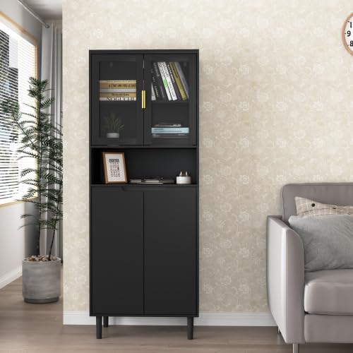 Kitchen Pantry Storage Cabinet, Glass Door Kitchen Hutch Cabinet with Storage Compartment, 71" High Buffet Sideboard Modern Cupboard for Snacks, Spices & Wine, Black