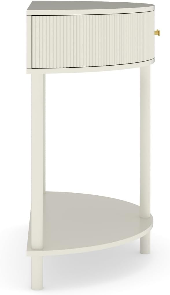 Artisan-Crafted Wave-Pattern Demi-Lune Console Table with Creamy White Finish,Unique Half Moon Design End Table with 2 Storage Drawers and Bottom Shelf for Living Room, Bedroom, Study, Hallway