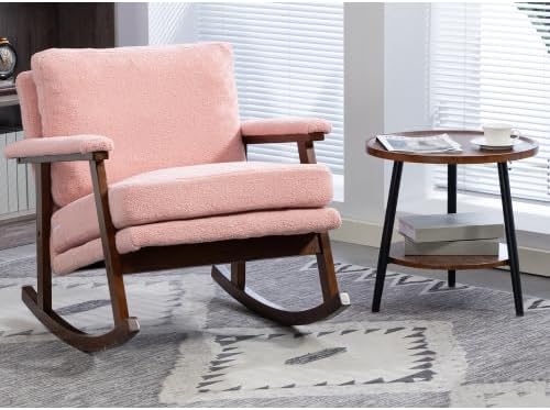 Mid Century Modern Rocking Chair, Upholstered Accent Armchair with Wood Frame for Nursery Living Room Reading, Light Pink