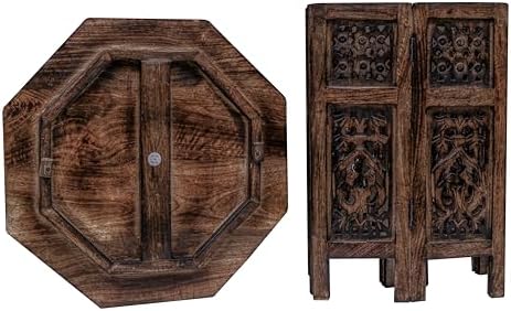 End Tables for Living Room– Hand Carved Vintage Boho Folding Side Tables for Small Spaces, Entryway, Living Room, Bedroom – No Tools Assembly, 18"x18" Octagon, Scorch Burnt Finish