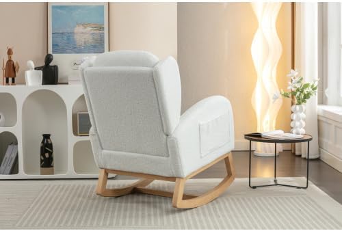 Ivory Teddy Rocking Chair for Nursery, Upholstered Glider Rocker with High Backrest, Comfy Accent Armchair with Wooden Legs for Living Room Bedroom