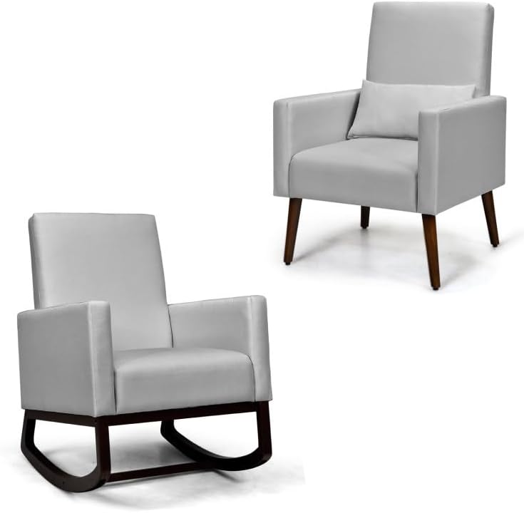 2-in-1 Fabric Upholstered Rocking Chair with Waist Pillow in Light Gray Color for Living Room or Nursery