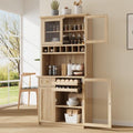Farmhouse Tall Kitchen Pantry Storage Cabinet with Hunch, Freestanding Buffet Cabinet with Wine Rack and Adjustable Shelves for Kitchen, Dining Room (Natural)