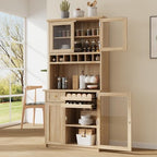 Farmhouse Tall Kitchen Pantry Storage Cabinet with Hunch, Freestanding Buffet Cabinet with Wine Rack and Adjustable Shelves for Kitchen, Dining Room (Natural)