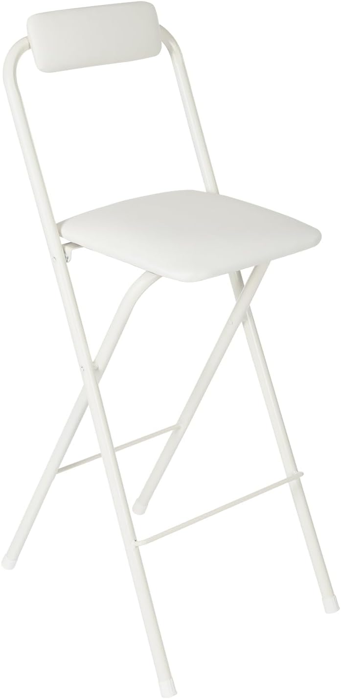 Folding Bar Stool with Backrest, 27.56" Counter Height Portable Cushioned Stool, Metal Frame Tall Chair for Kitchen Island Dining Room Cafe Dessert Shop 1 PCS Easy Storage (White)