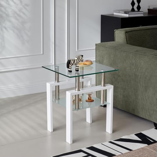 Tempered Glass Coffee Table Set of 3 Coffee Table and End Tables Set,Living Room Tables Set,Coffee Table & Side Table Set of 2,Glass Table Top,Metal Legs (White)