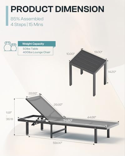 Lounge Chair Outdoor with Wheels, Aluminum Chaise Lounge Outdoor Chair with 5 Adjustable Backrest - Easy to Move- Pool Lounge Chairs for Patio, Poolside (Darkgray)