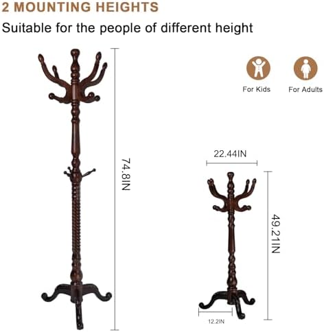 Solid Wood Coat Rack, Free Standing Hall Coat Tree with 11 Hooks, 2 Height Options, 270lbs Load, Stury Base, Clothes Rack for Entryway, Hallway, Bedroom (Tri-legged Base - Dark Brown)