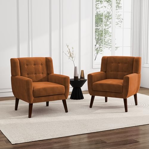 Accent Chairs Set of 2, Velvet Upholstered Armchair, Orange | Mid Century Modern Living Room Chair, Button Tufted Wingback Chair with Removable Cushion, Bedroom Side Reading Seat