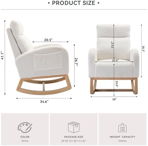 Indoor/Outdoor Recliner-Rocking Chair with Footrest, Headrest, and Side Pocket for Ergonomic Support in Nursery and Living Room,（Ivory）