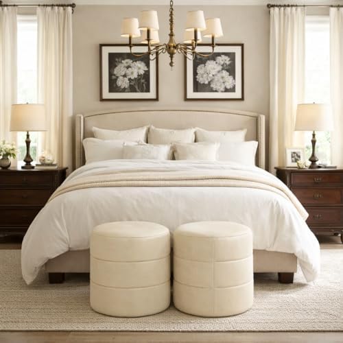HomePop Upholstered Faux Leather Round Ottoman (No Lid, Seat Only) | HomePop Home Décor | Round Pouf Foot Rest – Cream Faux Leather