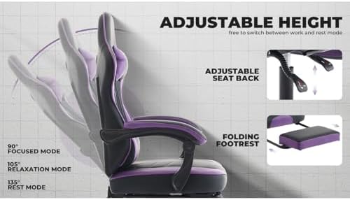 Gaming Desk Chair for Adults, Ergonomic Gaming Chair with Footrest & Headrest and Lumbar Support, Leather Material Height Adjustable Computer Video Game Chairs (Purple+Black)