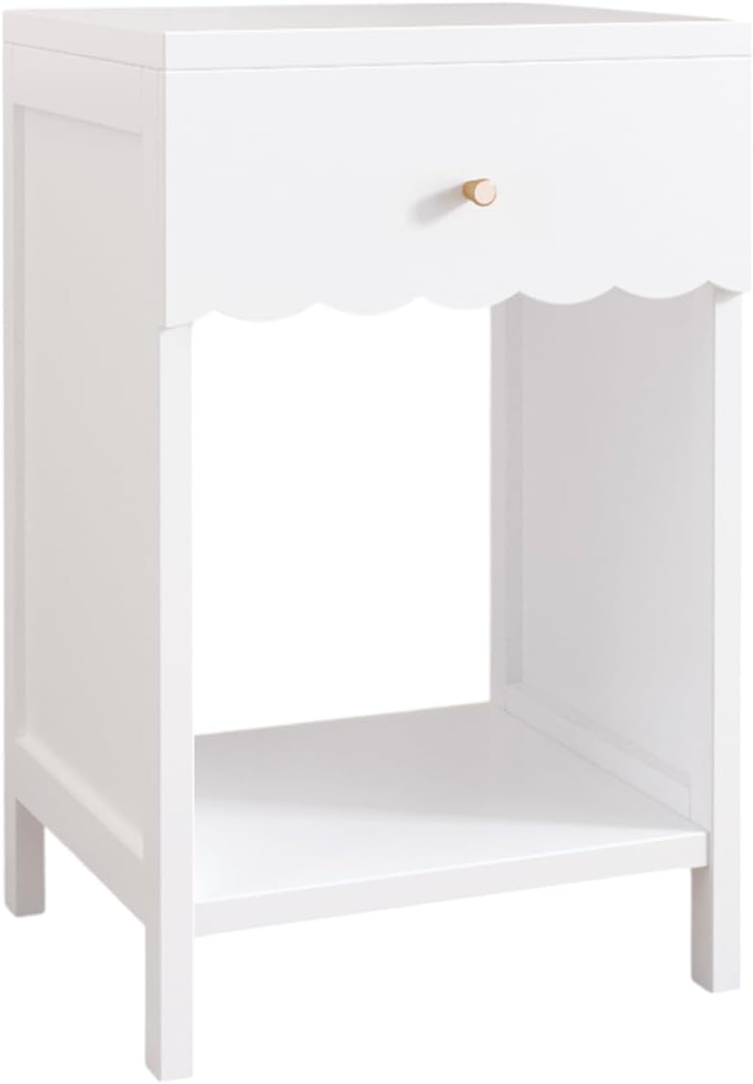 Kids Night Stand, Modern Nightstand with Drawer and Open Shelf, Scalloped Edge Small End Side Table for Living Room, Cute Minimalist Bedside Table for Kids Room or Girls' Room, White