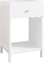 Kids Night Stand, Modern Nightstand with Drawer and Open Shelf, Scalloped Edge Small End Side Table for Living Room, Cute Minimalist Bedside Table for Kids Room or Girls' Room, White