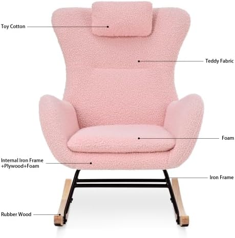 Rocking Chair Nursery, Teddy Upholstered Glider Rocker with Headrest, Accent Armchair with High Backrest, Comfy Lounge Chair for Living Room Bedroom Offices, Pink