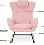 Rocking Chair Nursery, Teddy Upholstered Glider Rocker with Headrest, Accent Armchair with High Backrest, Comfy Lounge Chair for Living Room Bedroom Offices, Pink