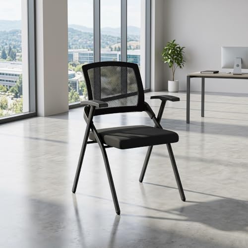 Heavy Duty Folding Office Chair with Breathable Mesh Back - Comfortable Padded Seat & Sturdy Frame for Conference Room, Training,Meeting,Classroom - Stackable Black Guest Reception Chair with Armrests