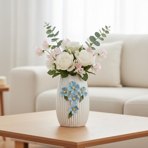 White Ceramic Vase - 7 inch Small Boho Vases Home Decor, 3D Floral Modern Vase for Pampas Grass, Centerpieces for Table, Kitchen, Living Room, Bathroom Decor