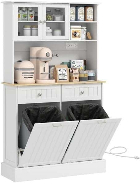 Freestanding Kitchen Storage Cabinet with Drawers, Adjustable Shelves, Glass Doors & Tilt-Out Cabinets – Tall Pantry Organizer for Kitchen, Bathroom, or Laundry Room (White)