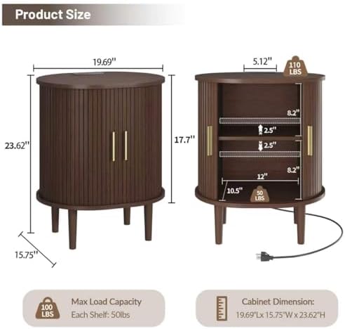 DHH Mid Century Modern Nightstand with Charging Station, Fluted Accent Side Table with Sliding Door & Adjustable Shelf, End Table for Small Space, Living Room, Bedroom,Sofa Couch (1, Walnut)
