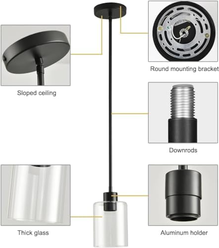 3 Pack Black Pendant Lights Kitchen Island, Modern Industrial Matte Black Hanging Light Fixtures, Adjustable Downrod Farmhouse Glass Pendant Lighting for Dining Room Bedroom Hallway Entryway