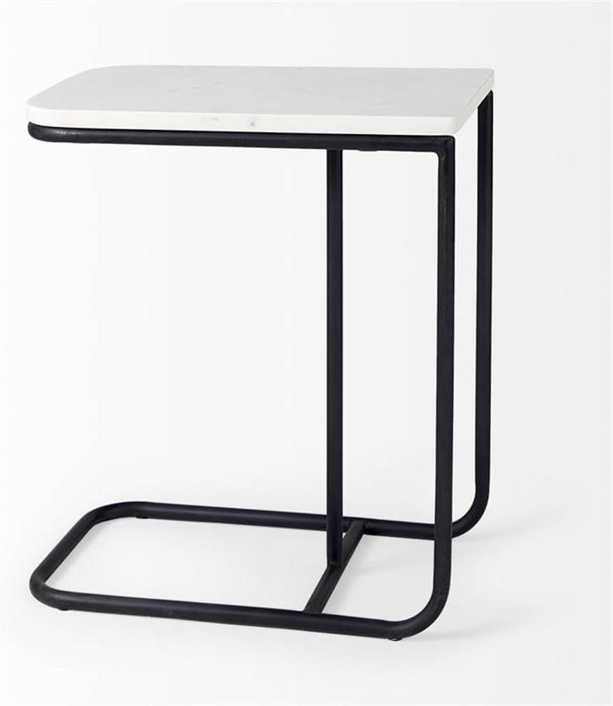 Pemberly Row C-Shaped Side Table, White Marble Top, Matte Black Iron Frame, Minimalist Modern Style, Living Room Accent Table
