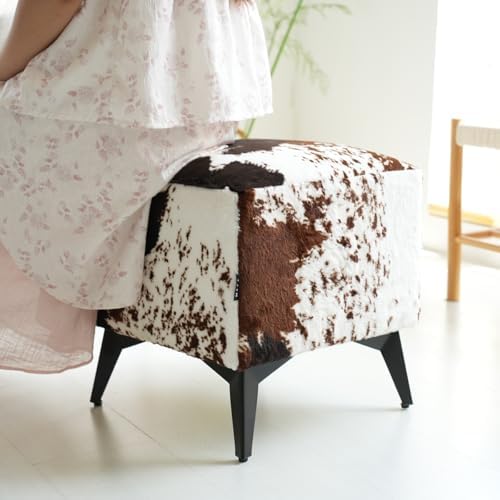 Faux Cowhide Ottoman, Upholstered Foot Stool - 16 x 16 x 17 Inches, Cube Footrest with Solid Metal Legs for Living Room, Bedroom & Entryway(Tricolor)