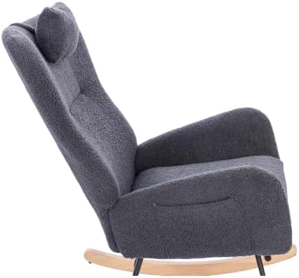 Dark Grey Rocking Chair for Nursery, Steel Frame & Solid Wood Legs Adult Glider, Comfy Teddy Upholstered Accent Armchair for Bedroom Living Room