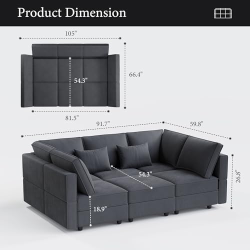 Vesgantti Sectional Sleeper Sofas with Storage, 92" Sofa Bed with 6 Seats Storage Chaises Removable Cover, Deep Seat Modular Couches Velvet Couch Set for Living Room, Apartment, Home Theater, Gray