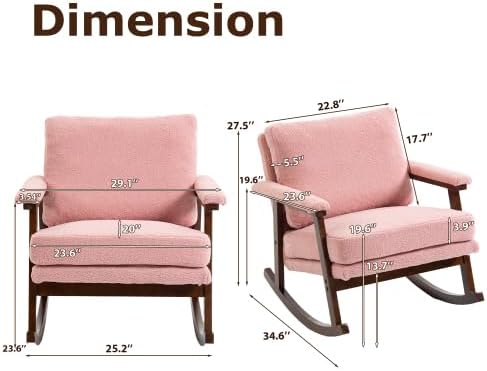Light Pink Wood Rocking Chair, Comfy Upholstered Glider with Padded Seat, Mid Century Modern Accent Armchair for Bedroom Sunroom Nursery