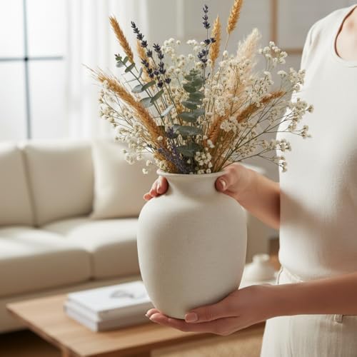 Rustic Farmhouse Vase for Pampas Grass, Beige Ceramic Vase for Flowers, 7 Inch Boho Vases for Home Decor, Aesthetic Desk, Night Stand, Book Shelf Decor