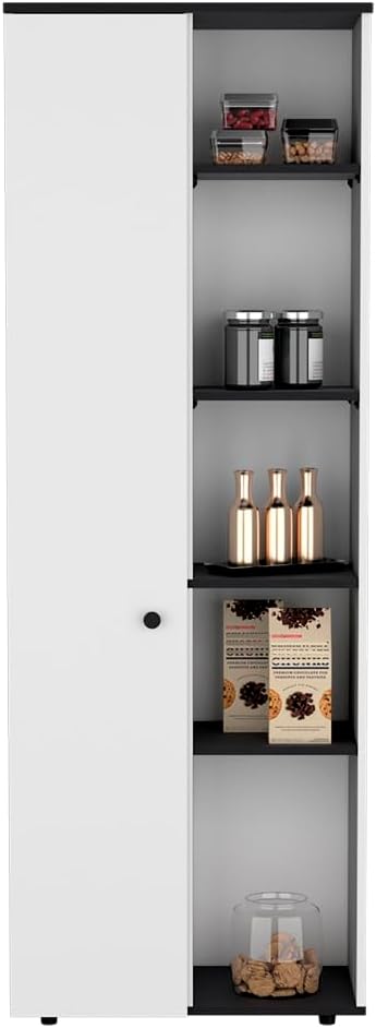 24.4" D*16.53" W*48.03" H Freestanding Kitchen Pantry with 8 Black Shelves, Single Door, Rectangular Storage Cabinet, Modern Minimalist, for Living Room, Dining Room, White