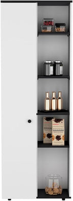 24.4" D*16.53" W*48.03" H Freestanding Kitchen Pantry with 8 Black Shelves, Single Door, Rectangular Storage Cabinet, Modern Minimalist, for Living Room, Dining Room, White