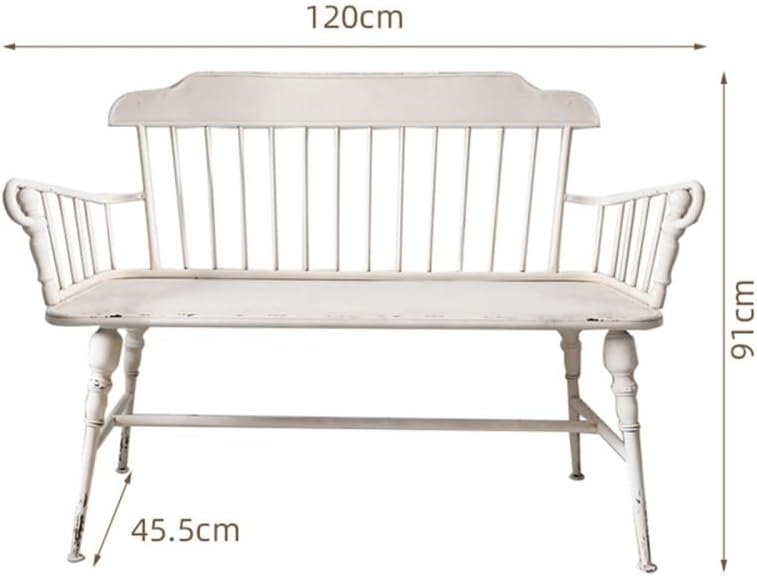 Outdoor Bench, Rustic Shabby White Outdoor Bench with Backrest, 47.2" Retro Iron Garden Bench, 2 People Leisure Seats for Park Patio Yard Porth Garden Bench