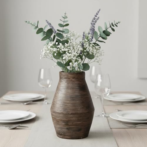 Brown Ceramic Vase - 10 Inch Rustic Farmhouse Vases Home Decor, Decorative Pottery Flower Vase for Living Room, Table Centerpiece, Shelf Kitchen Mantel Decor