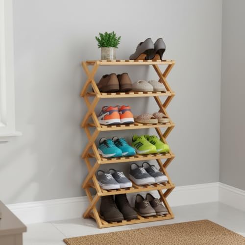 9 Tier Bamboo Shoe Rack – No Assembly Required, Holds 33 lbs per Tier Bamboo Expandable Shoe Rack, Space-Saving Collapsible Shoe Organizer for Entryway, Closet & Small Spaces (Brown, 7)