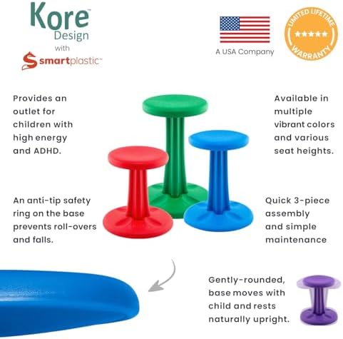 KORE Design Wobble Stool Chair, Girls + Boys Kid Desk Stools, Ergonomic Small Office Chairs, Flexible Seating for Active Child, ADD/ADHD, Classroom, School, Home, Kids (14in), Age 6-7 yrs, Purple