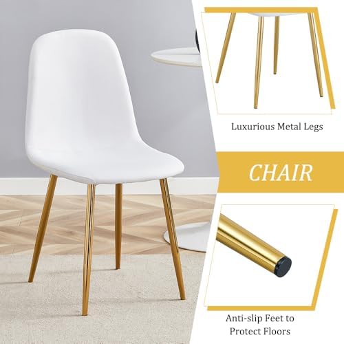 Round Dining Table Set for 4, Modern Kitchen Table and Chairs Set for 4 Marble Dining Set Reception Table Set Upholstered Chair for Dining Room (White-G501, 42 inch White Table Set)