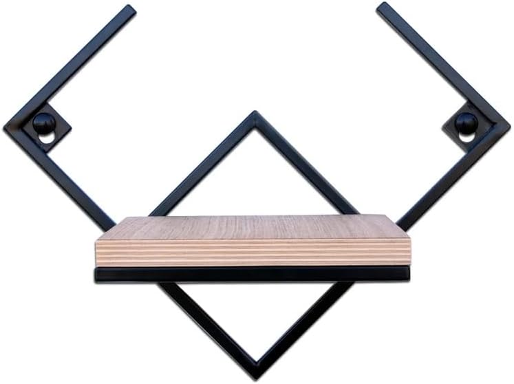 Modern Geometric Wall Mounted Floating Shelf, Black Metal Frame with Wood Board, Decorative Plant Shelf for Living Room Bedroom Bathroom, Small Display Shelf for Succulents Plants