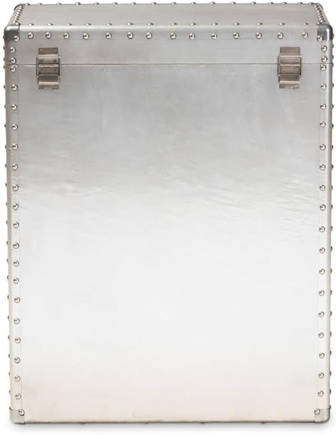 BOWERY HILL 3-Drawer Mid-Century Metal Accent Storage Chest, Silver Finish, Wood and Metal Construction, Vintage-Inspired Rivet Details, Lift-Top Compartment, Bedroom, Living Room, or Entryway Use