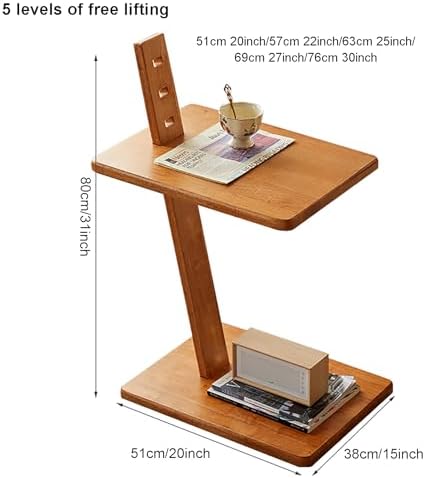 Solid Wood 2-Tier Side Table with Adjustable Height, Mobile End Table & Storage Shelves, Versatile Coffee Cart for Living Room & Bedroom Use
