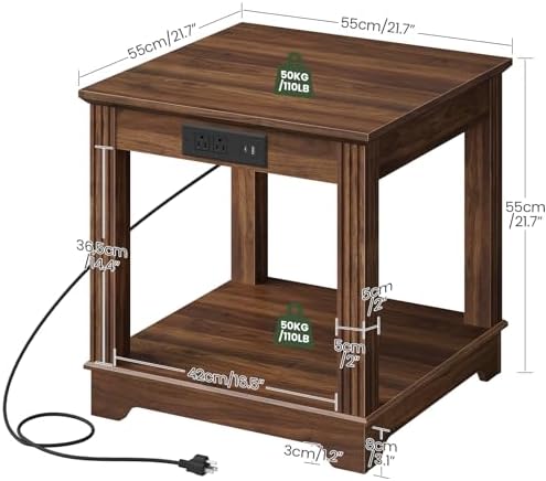 CHOEZON Round Side Table and Farmhouse End Table with Charging Station Bundle, 2-Tier Large Side Table, Square End Table, Skinny Sides Table for Living Room, Bedroom TBZ01BF-MBZ15UHT