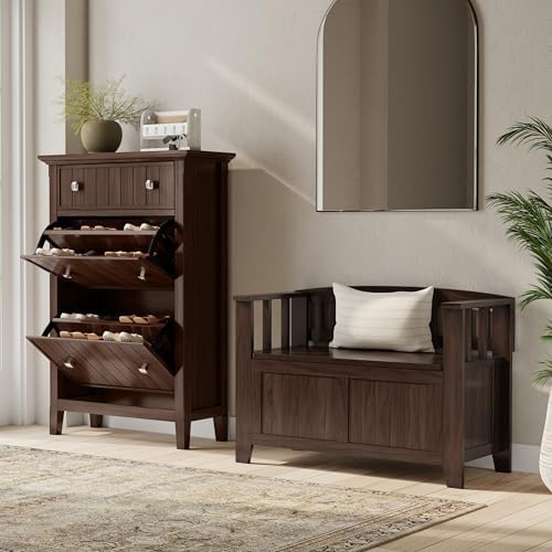SIMPLIHOME Acadian Solid Wood 36 inch Wide Small Storage Bench and 31.5 inch Wide Shoe Storage Cabinet in Brunette Brown for the Living Room, Entryway, and Family Room, Transitional Style