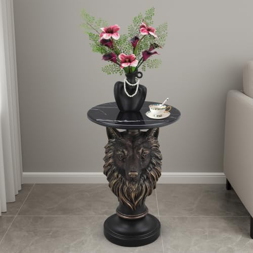 Luxury Wolf Head Accent Table with Faux Marble Top, Animal Sculpture End Table, Resin Decorative Side Table for Living Room, Bedroom, Office, Statement Furniture Piece, Modern Home Décor