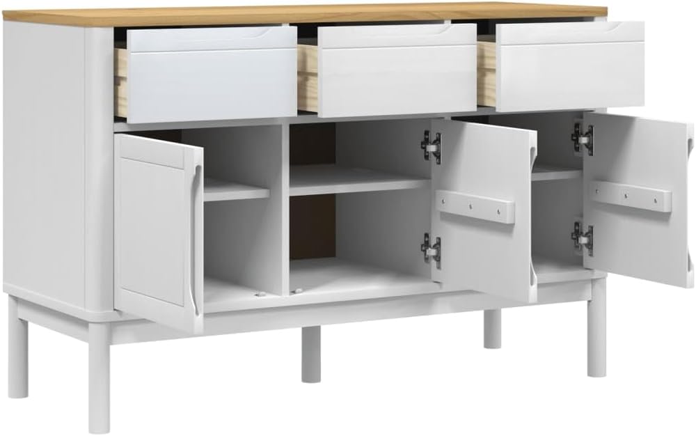 White Solid Pine Wood Sideboard with Drawers and Doors, Modern Engineered Wood Medium Storage Cabinet for Dining Room Living Room Hallway, Spacious Design and Durable