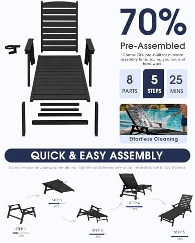 HDPE Lounge Chair Outdoor Set of 2, All Weather Pool Lounger | 5 Position Adjustable Backrest Patio Chaise Lounge with Cup Holder for Outside, Black